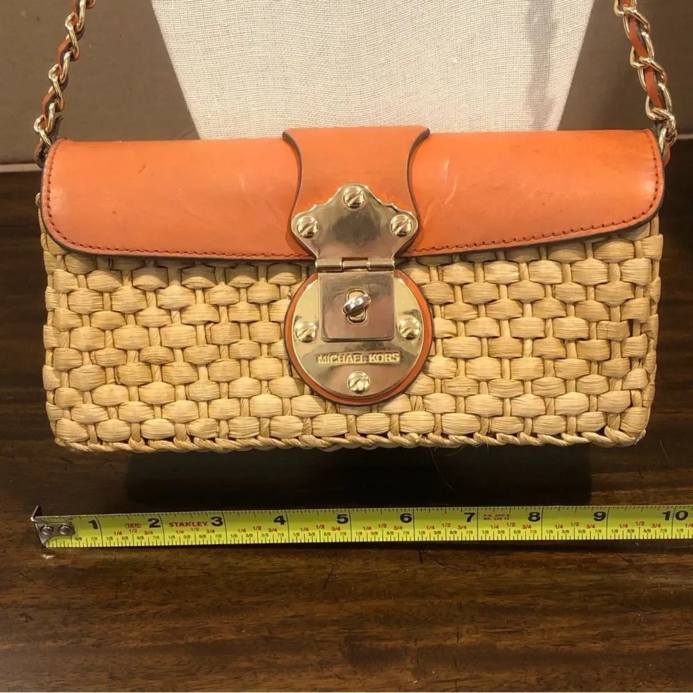 Vintage MICHAEL KORS Rattan Leather Clutch Gold Turn Lock Chain & Leather Strap